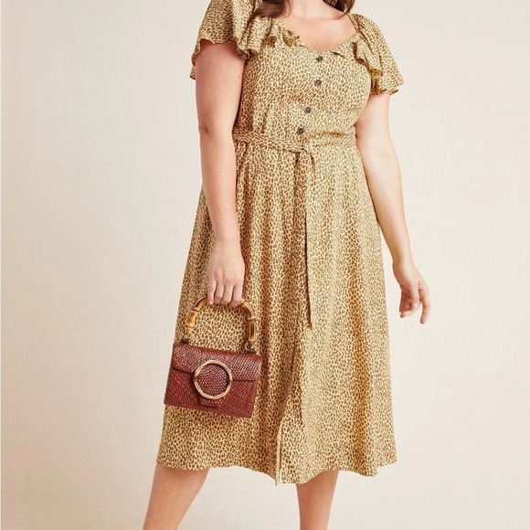 Anthropologie Bolano Leopard Print Romantic Ruffle Shoulder Dress Size 12 Large - Picture 1 of 9